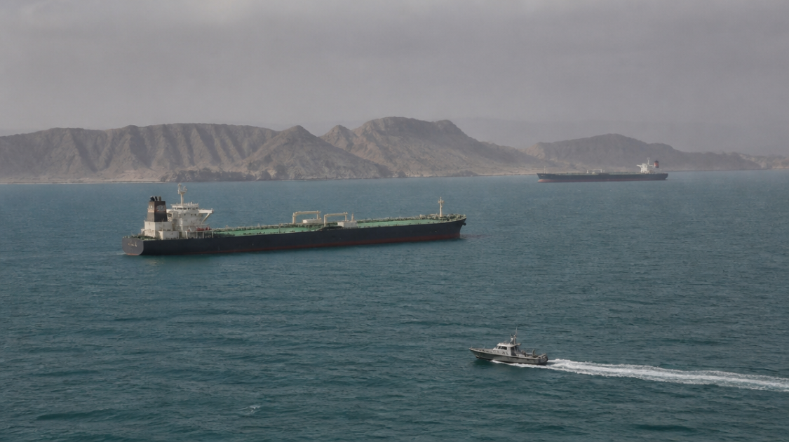 A commercial cargo vessel sailing through the Strait of Hormuz. مضيق هرمز