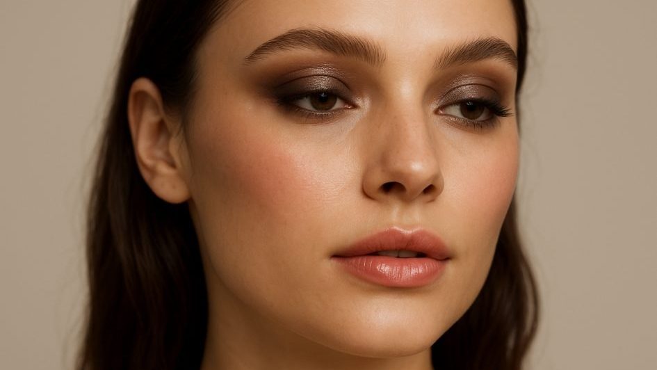 Close-up beauty look featuring reflective eyelids, softly blended smoky eye makeup and glossy lips.