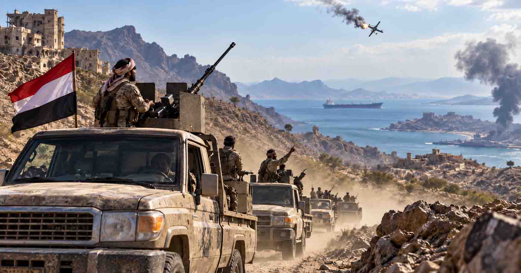 التصعيد العسكري في اليمن مع تعزيزات قرب تعز والساحل الغربي Military escalation in Yemen with armed convoy near the western coast and Bab al-Mandab