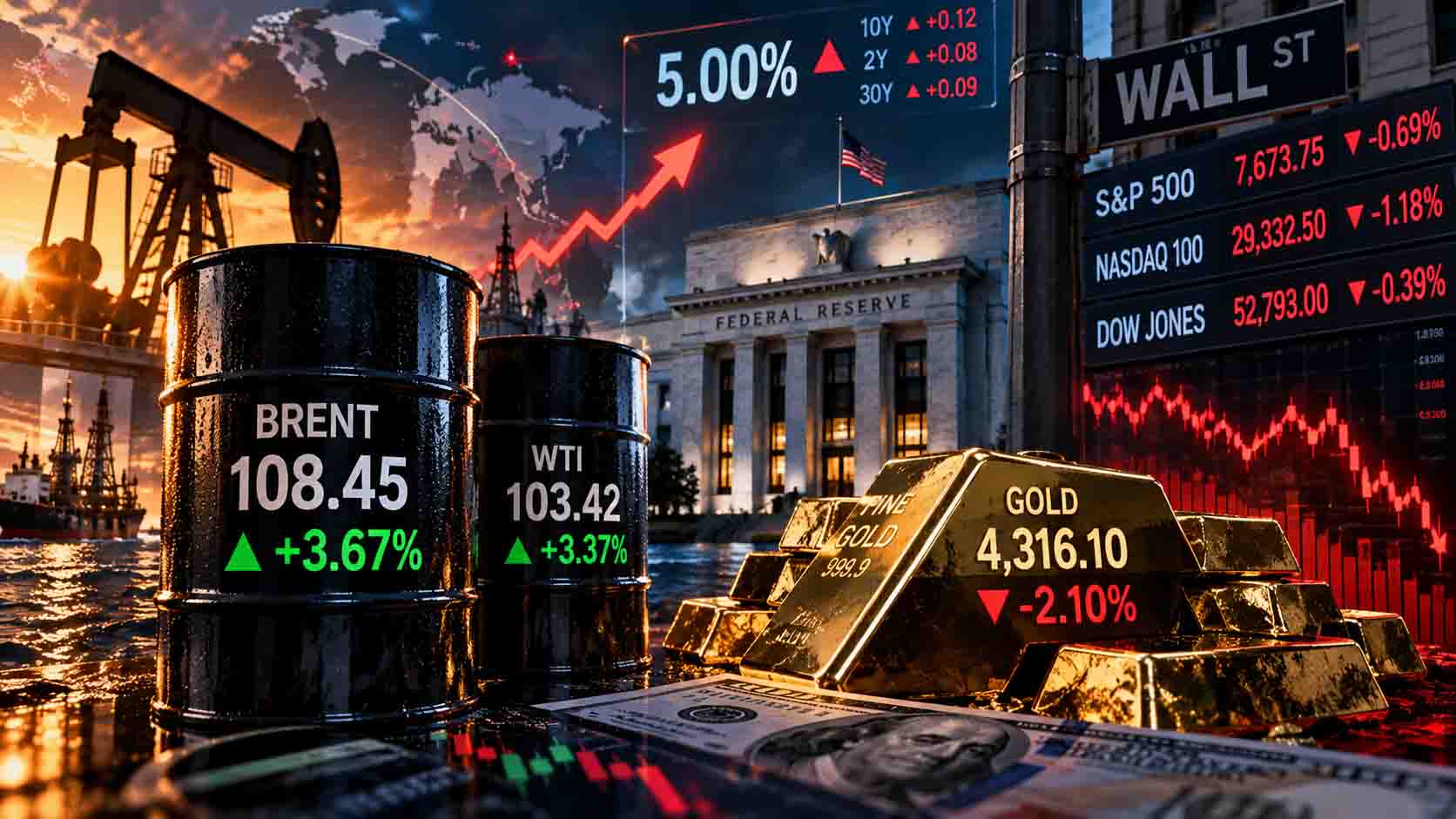 النفط فوق 108 دولارات Oil above $108 as gold falls and Wall Street comes under pressure